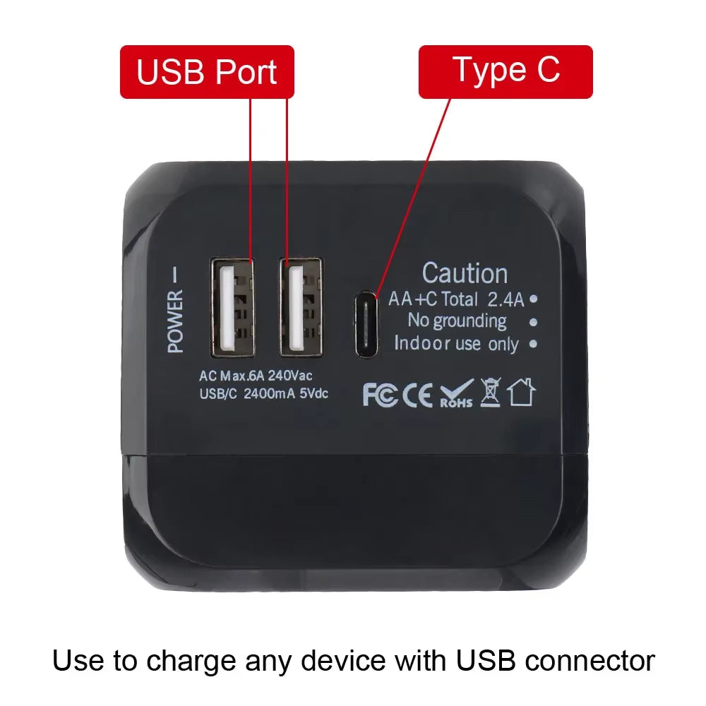All-in-One Universal Travel Adapter with USB-C & Dual USB Ports