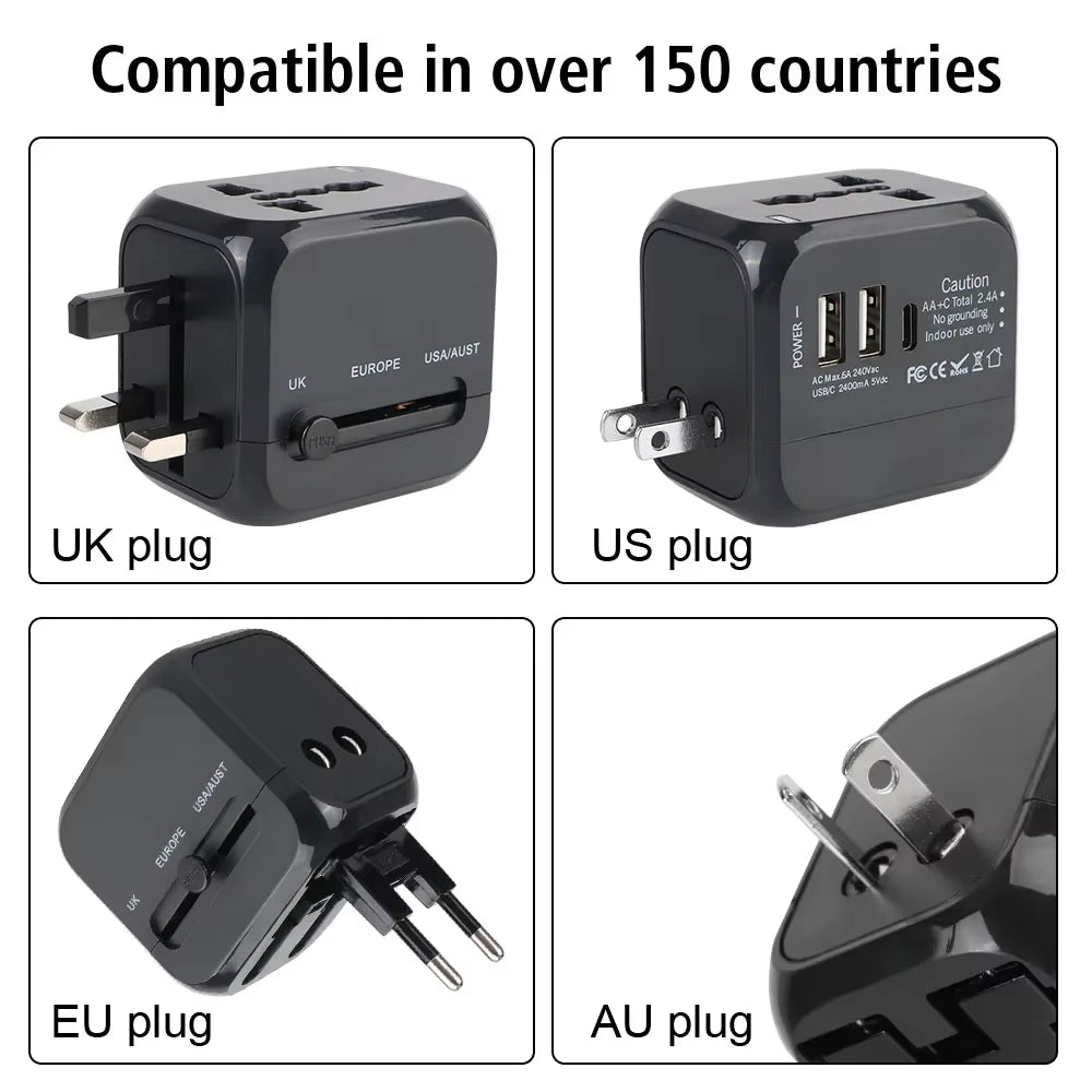 All-in-One Universal Travel Adapter with USB-C & Dual USB Ports